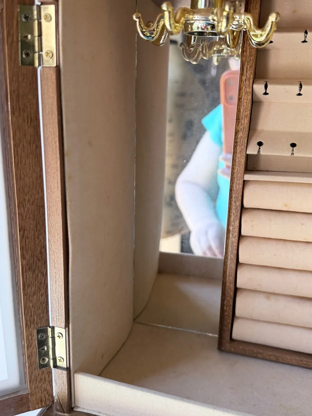 Vintage Wooden Jewelry Armoire with Floral Glass Doors